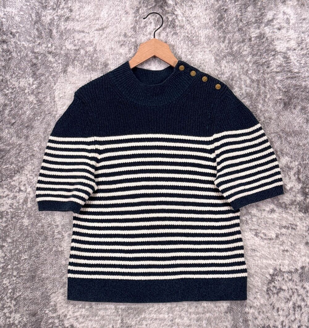 Anthropologie Sweater XL Womens Maeve Sailor Nautical Stripe Knit Gold Button